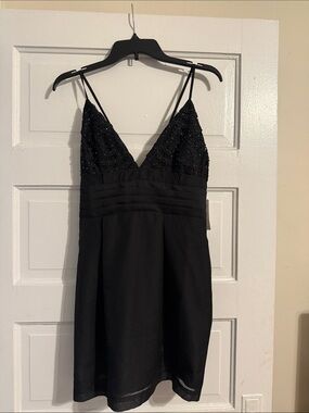 Free People Black Beaded V-Neck Mini Dress